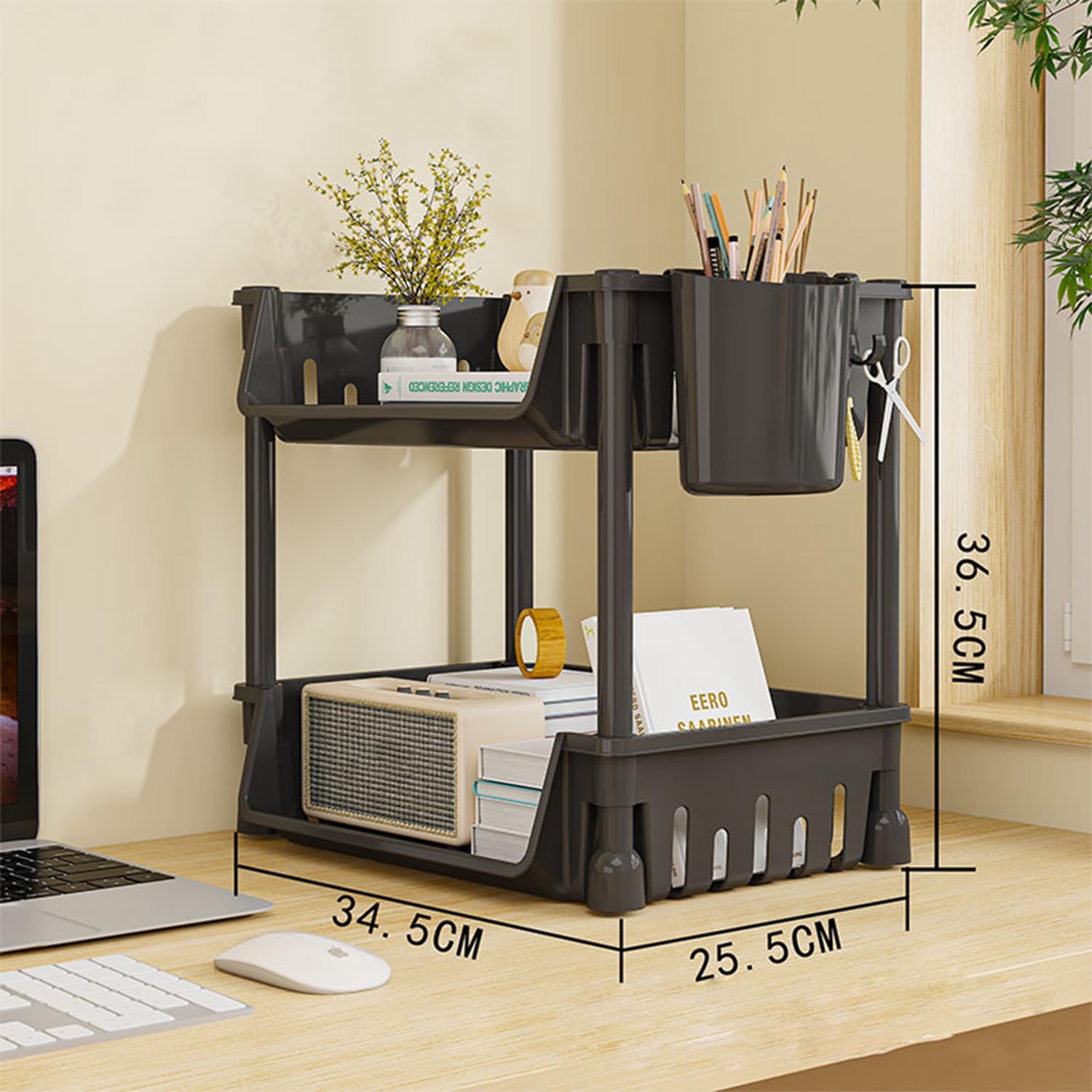 Lukzer 2-Tier Plastic Desk Storage & Book Organizer with Pen Holder (PMR-008/Black)