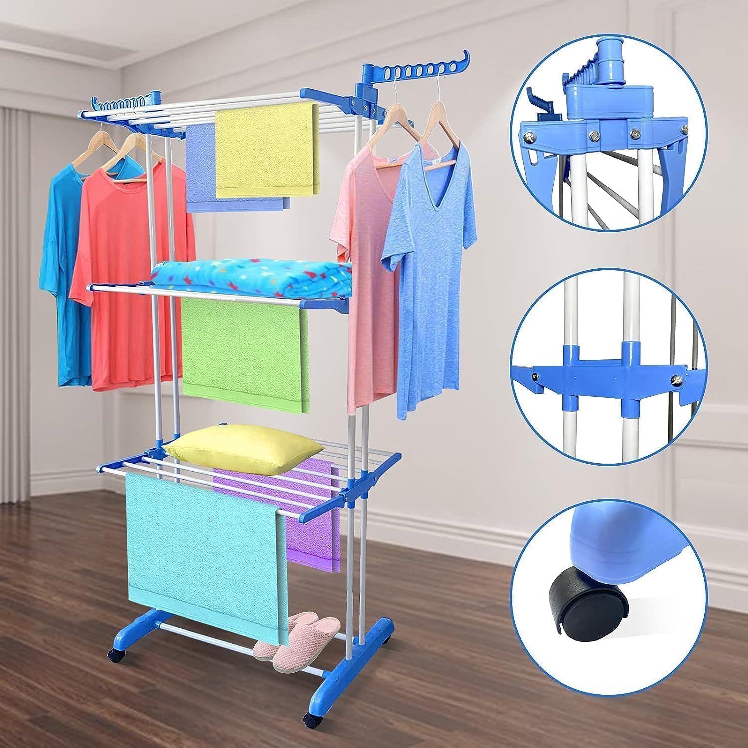 Lukzer 3-Tier Foldable Clothes Drying Rack with Wheels | Stainless Steel Laundry Stand | Space-Saving, Heavy-Duty, Rust-Resistant for Indoor Outdoor Use – Towels, Clothes, Bedsheets