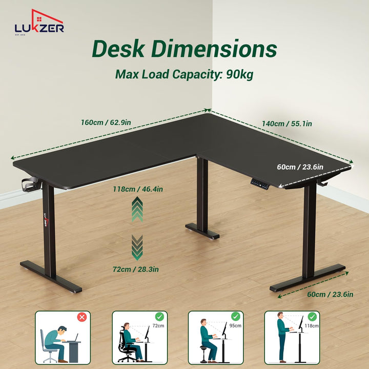 Lukzer Electric Height Adjustable Desk with USB & Type-C Study Table (EST-001/UC-Black & Black) 3-Years Warranty