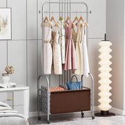 Lukzer Metal Clothes Rail Stand with Leather Storage Bin & Wheels (MGR-009/Grey)