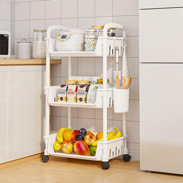 Lukzer 3-Tier Plastic Movable Kitchen Organizer with Cutlery Holder & Hooks (PMR-009/White)