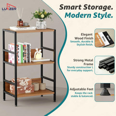 Lukzer 3-Tier Wooden Bedside Table for Bedroom & Multipurpose Open Storage Shelf (MMR-006-Black & Oak Brown)
