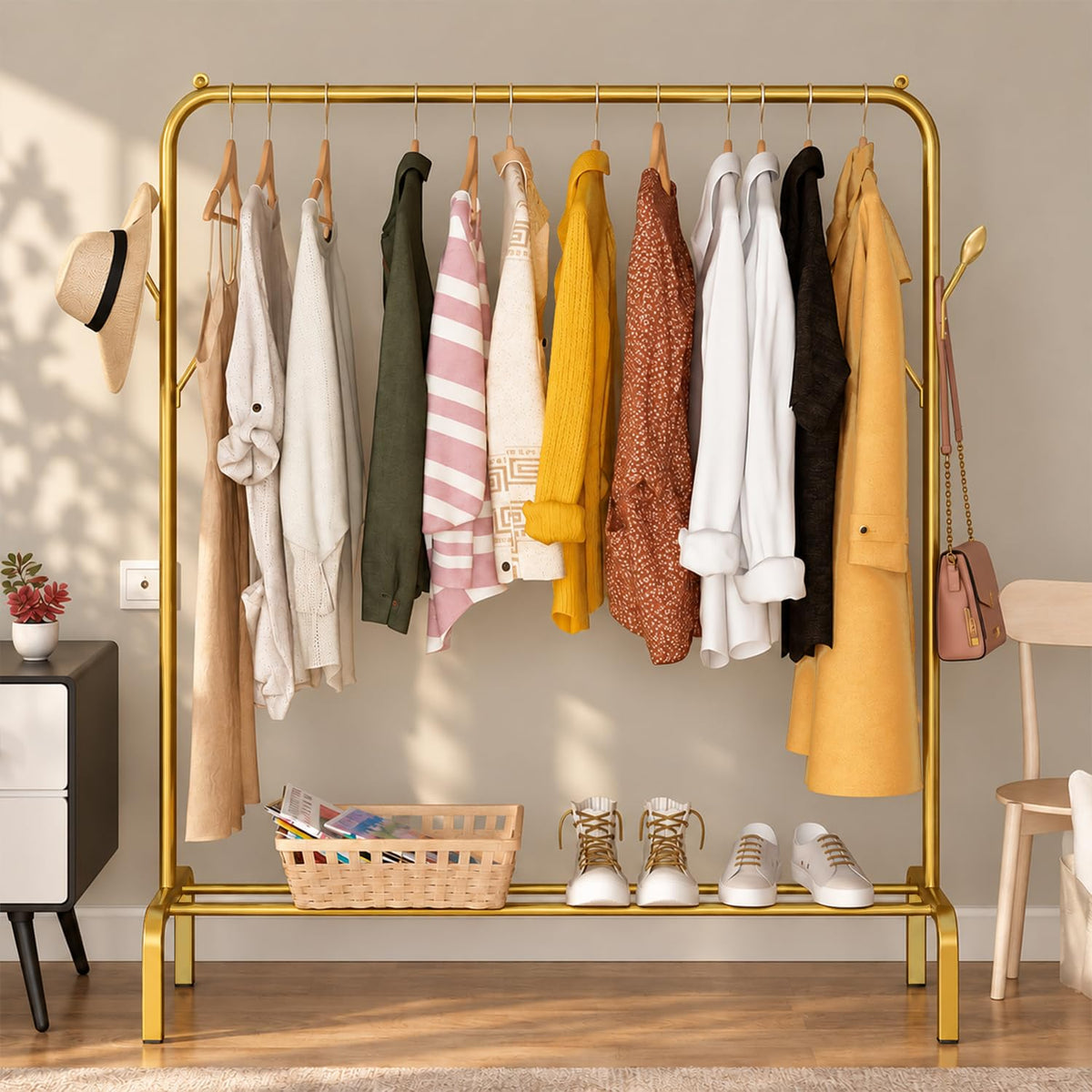 Lukzer Freestanding Metal Cloth Stand with Storage Shelf (MGS-001/Gold)