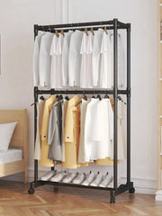 Lukzer Double-Pole Metal Multipurpose Clothes Organizer with Wheels (CGS-004/Black)