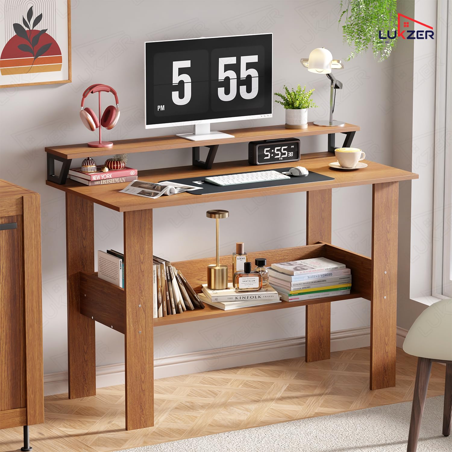 Lukzer Study Table with Monitor Riser & Open Book Shelf (MST-004/Oak Brown)