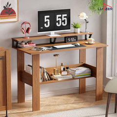 Lukzer Study Table with Monitor Riser & Open Book Shelf (MST-004/Oak Brown)