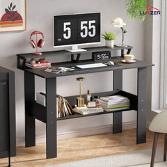 Lukzer Study Table with Monitor Riser & Open Book Shelf (MST-004/Black)