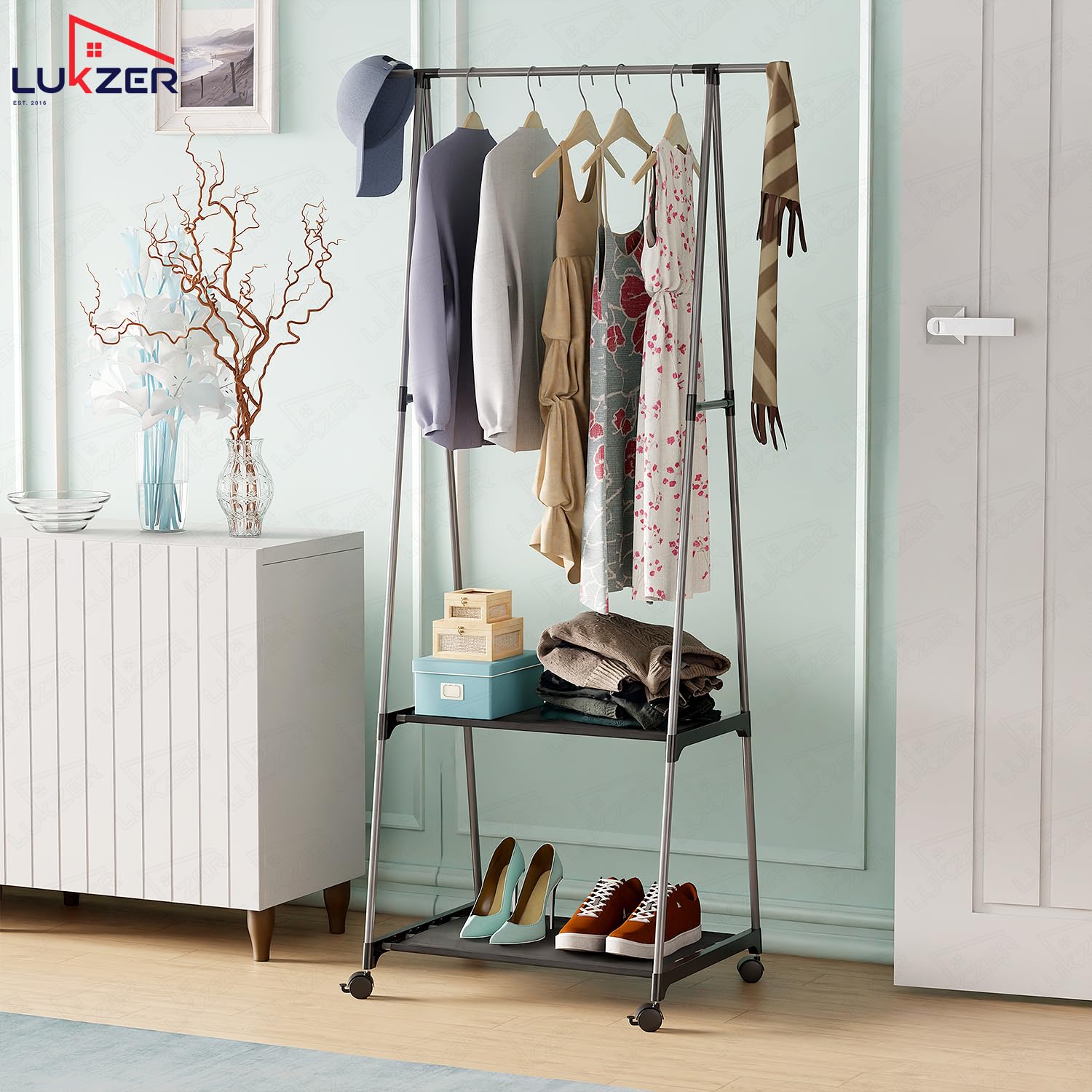 Lukzer A-Shaped Metal Garment Stand with Dual Storage Shelves & Wheels (MGR-010/Grey)