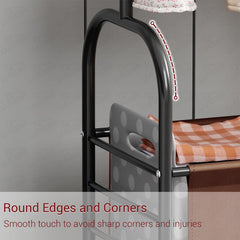 Lukzer Metal Clothes Rail Stand with Leather Storage Bin & Wheels (MGR-009/Black)