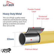 Lukzer Metal Single Rod Clothes Hanging Stand with Bottom Shelf & Lockable Wheels (MGR-003/Gold)
