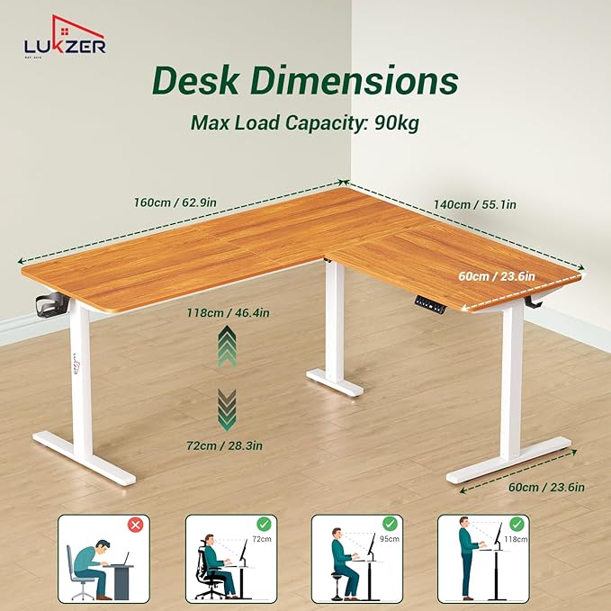 Lukzer Electric Height Adjustable Desk with USB & Type-C Study Table (EST-001/UC-White & Oak Brown) 3-Years Warranty