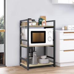 Lukzer 3-Tier Multipurpose Metal & Wood Kitchen Storage Rack (MKR-003/Oak Light with Black)