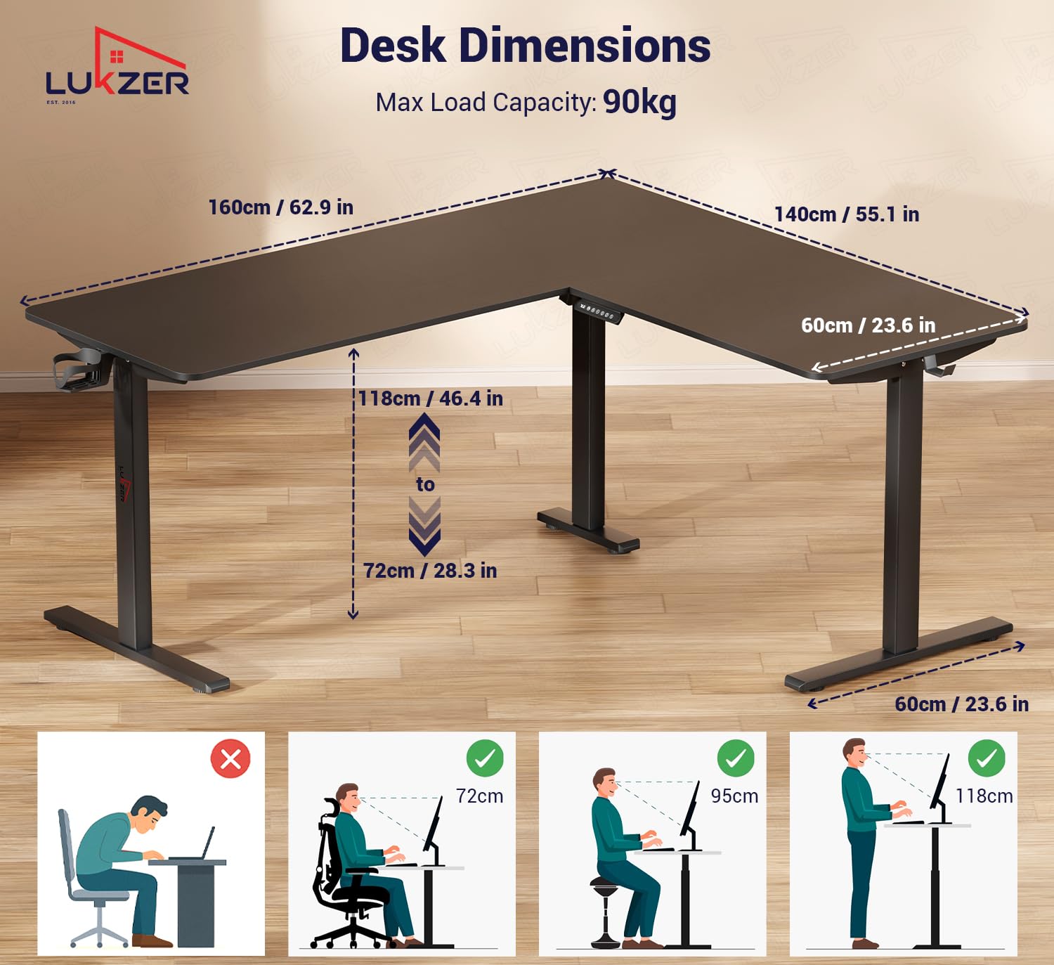 Lukzer L-Shape Electric Height Adjustable Study Desk (EST-001/Black & Black) 3-Years Warranty