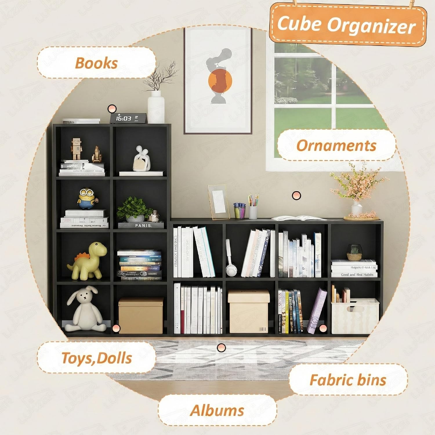Lukzer 8 Cube Shelf Engineered Wood Bookshelf Storage Organizer (MR-009/Black)