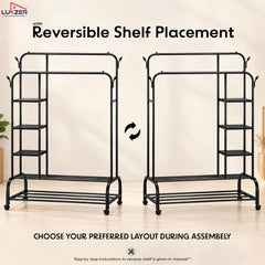 Lukzer Metal Garment Stand with 6 Shelves & Double Rods with Side Hooks & Wheels (MGS-008)