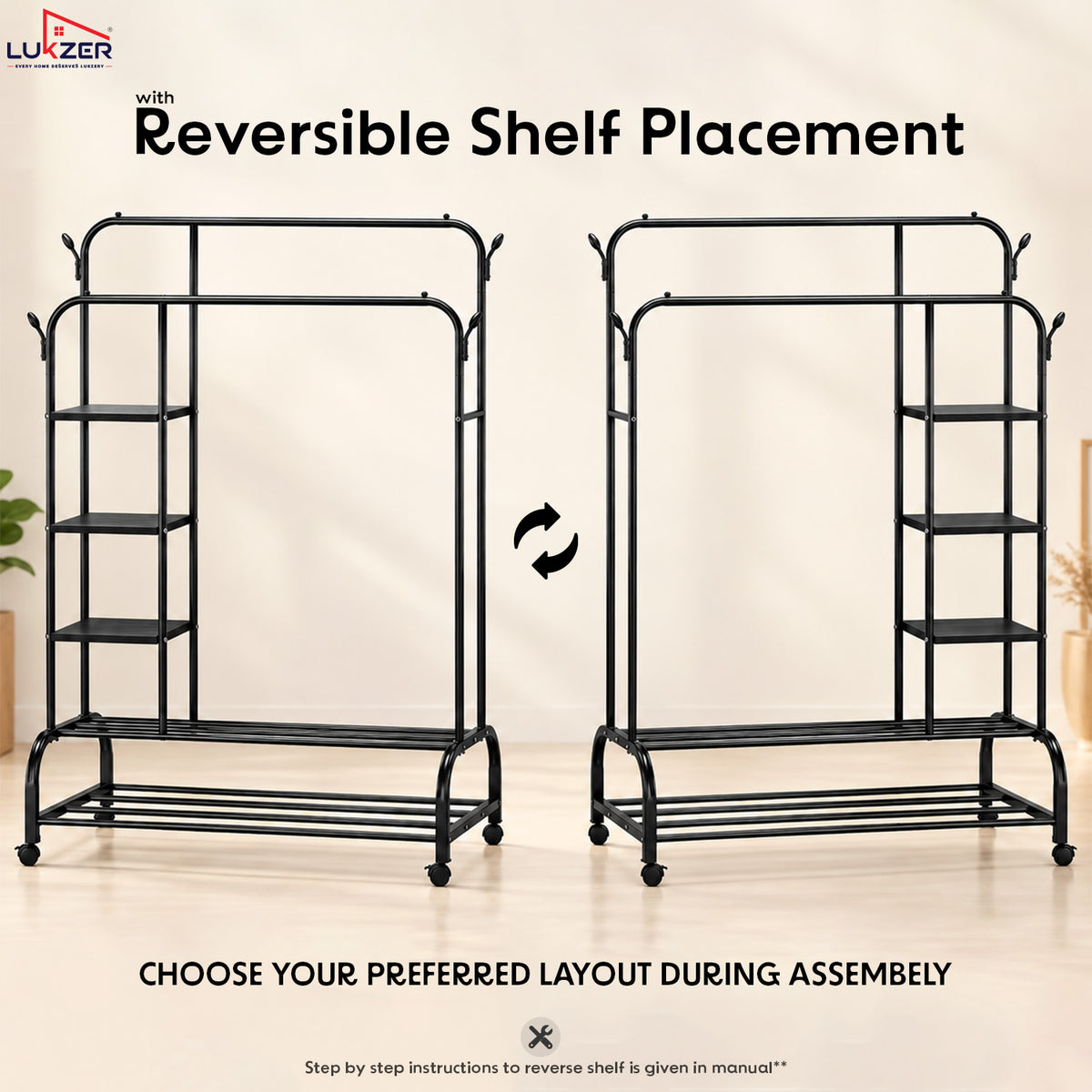 Lukzer Metal Garment Stand with 6 Shelves & Double Rods with Side Hooks & Wheels (MGS-008)