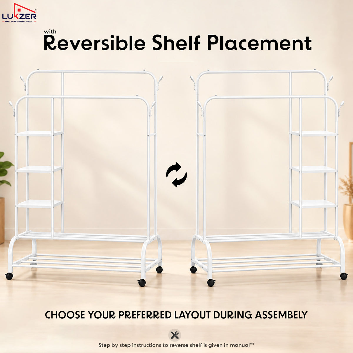 Lukzer Metal Garment Stand with 6 Shelves & Double Rods with Side Hooks & Wheels (MGS-008)