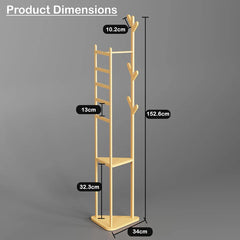 Lukzer Triangular Bamboo Coat & Garment Stand with 6 Side Hooks & Dual Shelves (CH-035)