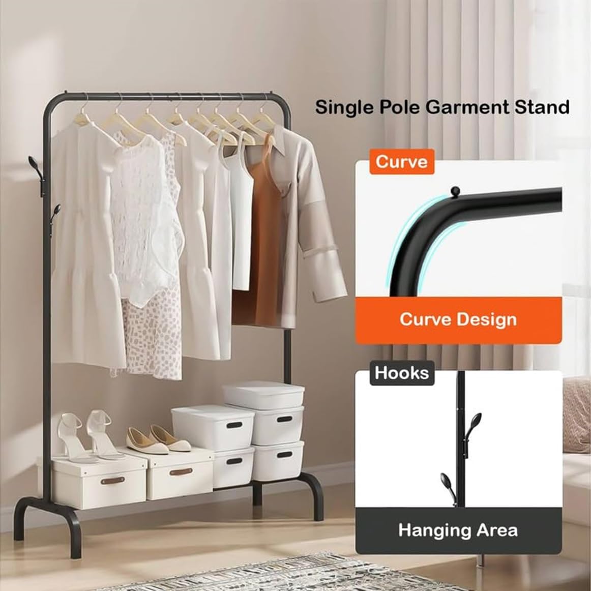 Lukzer Freestanding Metal Cloth Stand with Storage Shelf (MGS-001/Black)