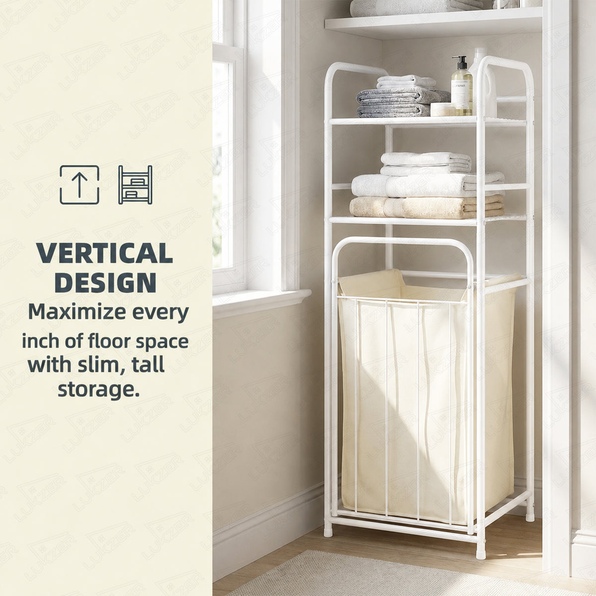 Lukzer Laundry Basket with 2-Tier Metal Storage Shelves & Detachable Fabric Hamper (White)