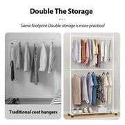 Lukzer Metal Double Rod Cloth Stand with Bottom Shelf & Wheels (MGS-006/White)