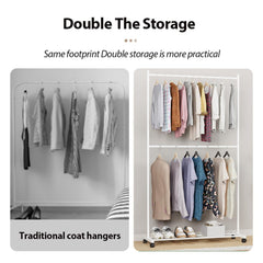 Lukzer Metal Double Rod Cloth Stand with Bottom Shelf & Wheels (MGS-006/White)