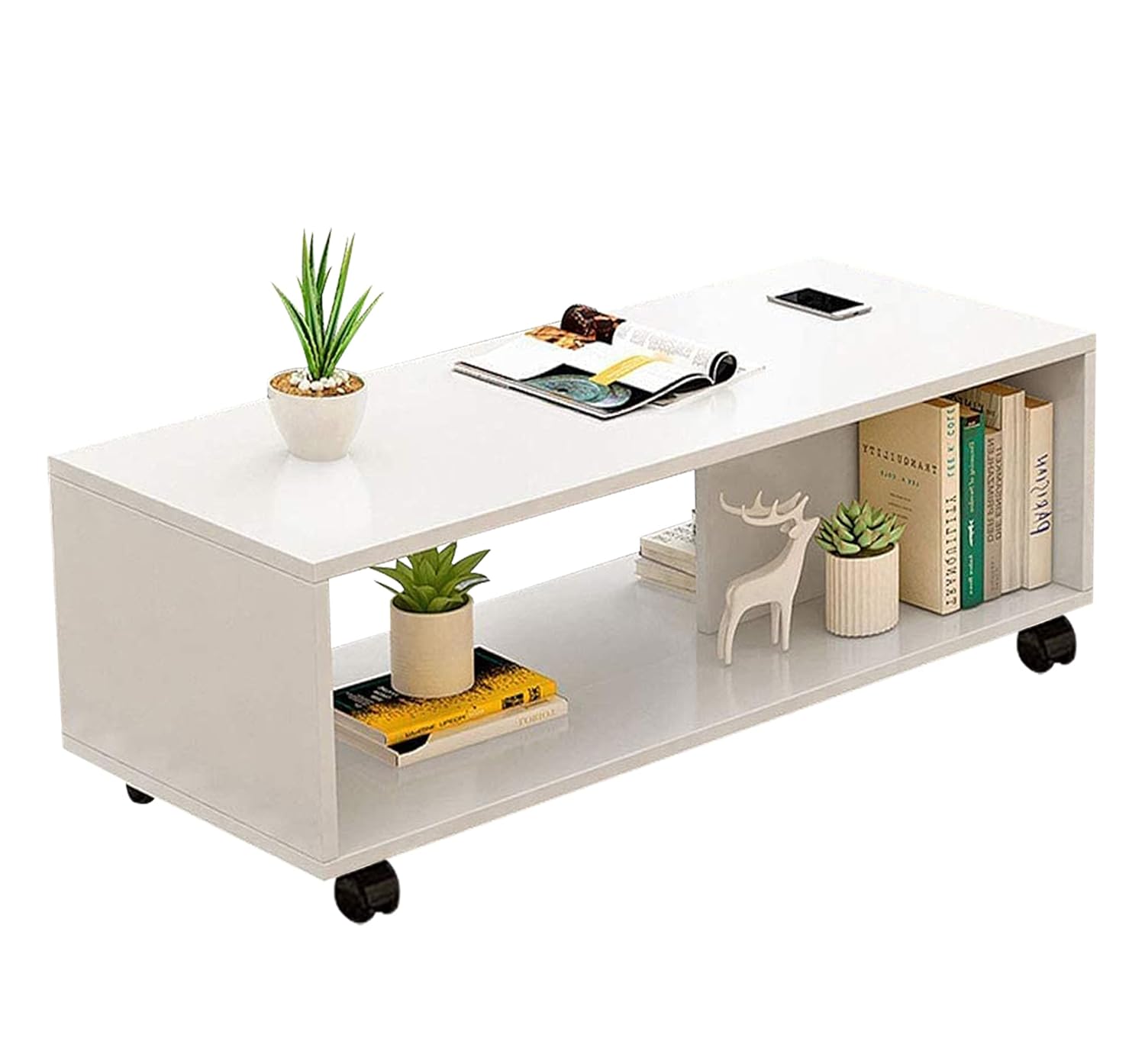 Lukzer Engineered Wood Center Table with Wheels Open Storage Organizer (CT-003/White)