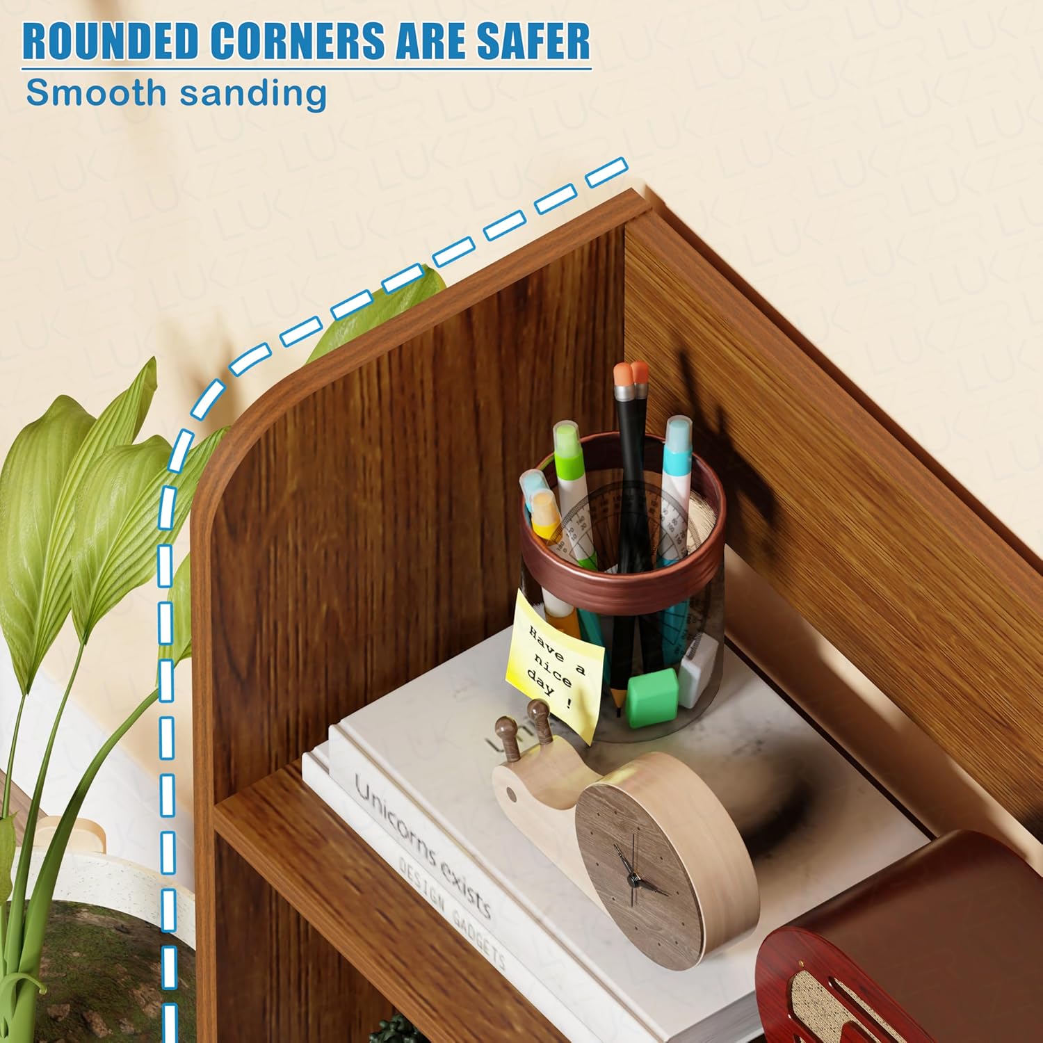 Lukzer 3‑Layer Rounded Edges Engineered Wood Open Rack Cabinet Bookshelf (MR‑016/Oak Brown)