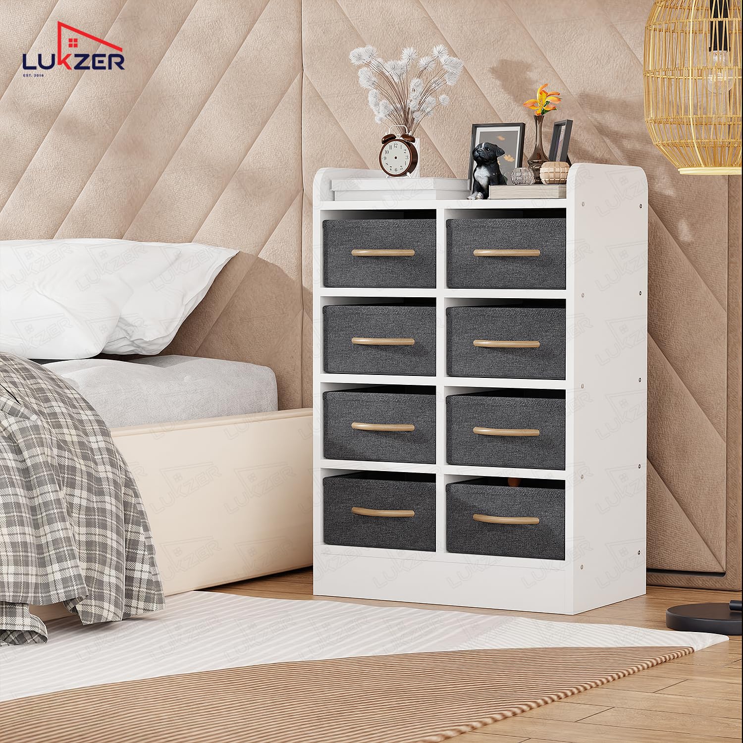 Lukzer 8 Drawer Engineered Wood Storage Organizer Cabinet with Fabric Bins (MR-028/White)