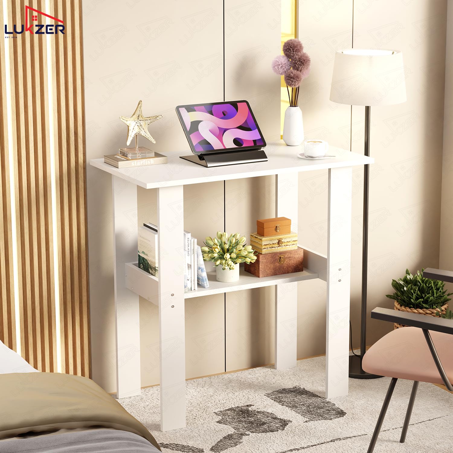 Lukzer Engineered Wood Kids Study Table with Open Shelf (ST-004S/White)