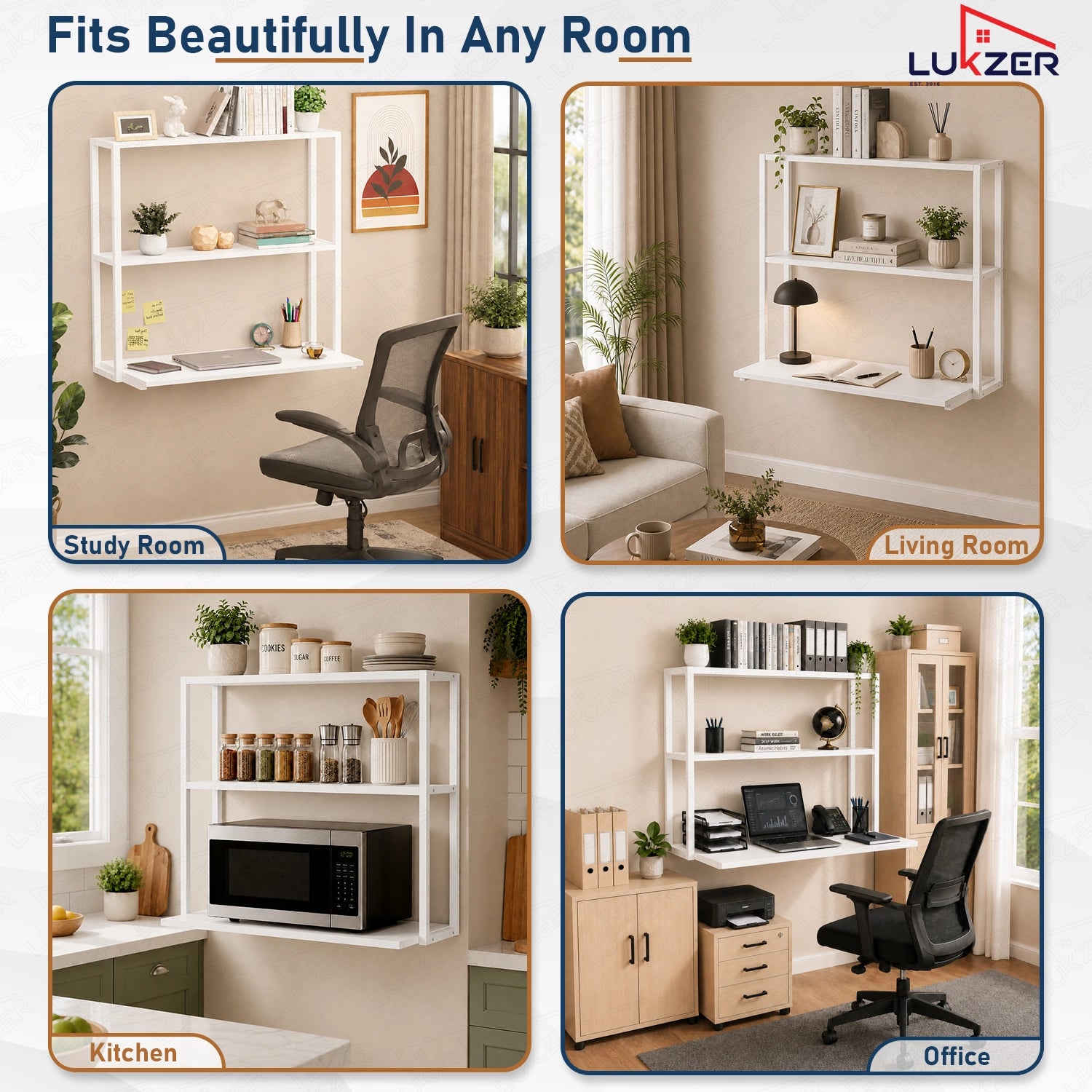 Lukzer Wall Mounted Study Table with Multipurpose Storage Shelves (MMR-007/White & White)
