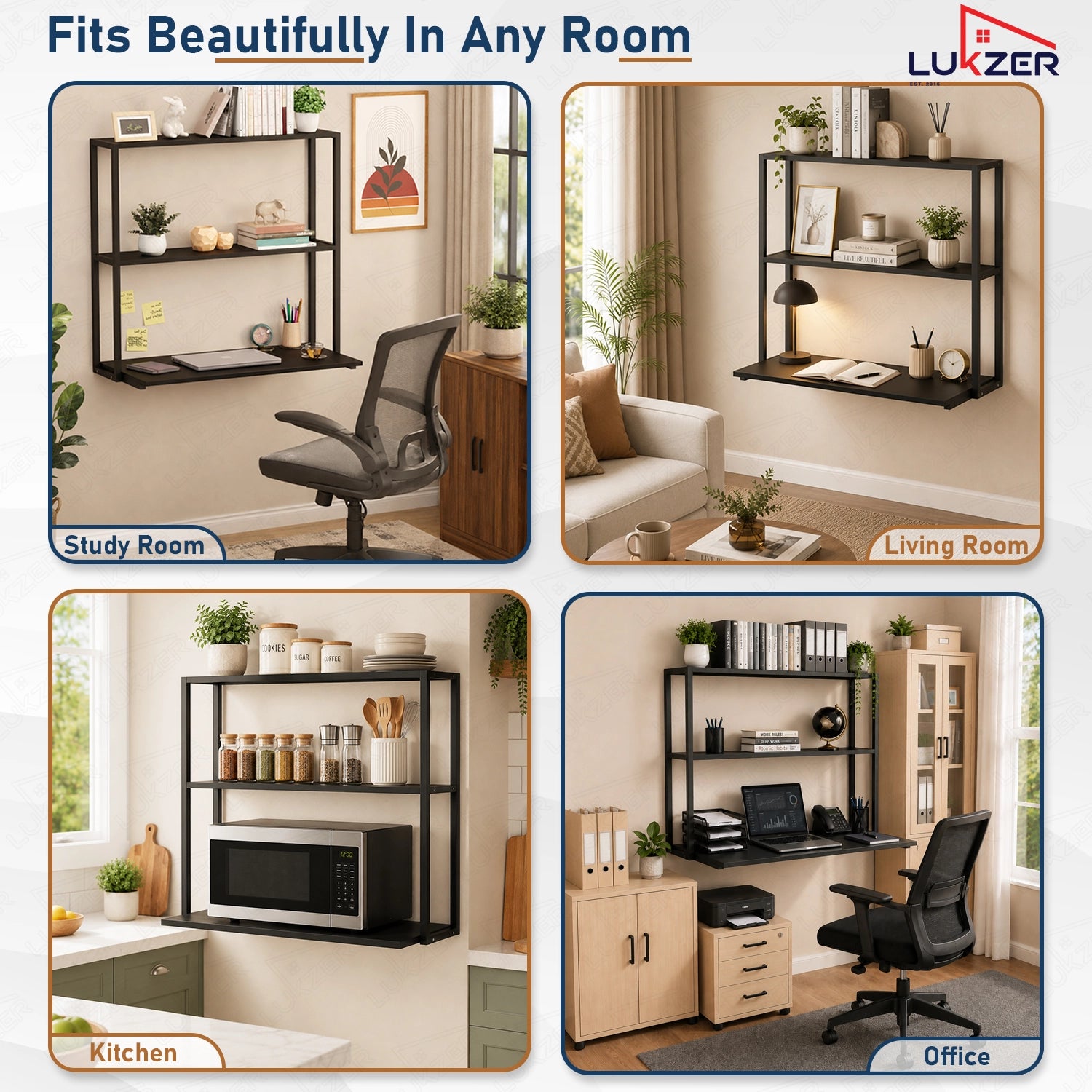 Lukzer Wall Mounted Study Table with Multipurpose Storage Shelves (MMR-007/Black & Black)