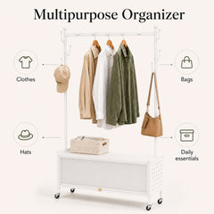 Lukzer Metal Garment Rack with Dust-Proof Storage Shelf & Multiple Hooks (White)