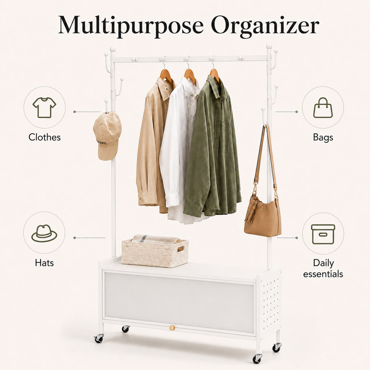 Lukzer Metal Garment Rack with Dust-Proof Storage Shelf & Multiple Hooks (White)