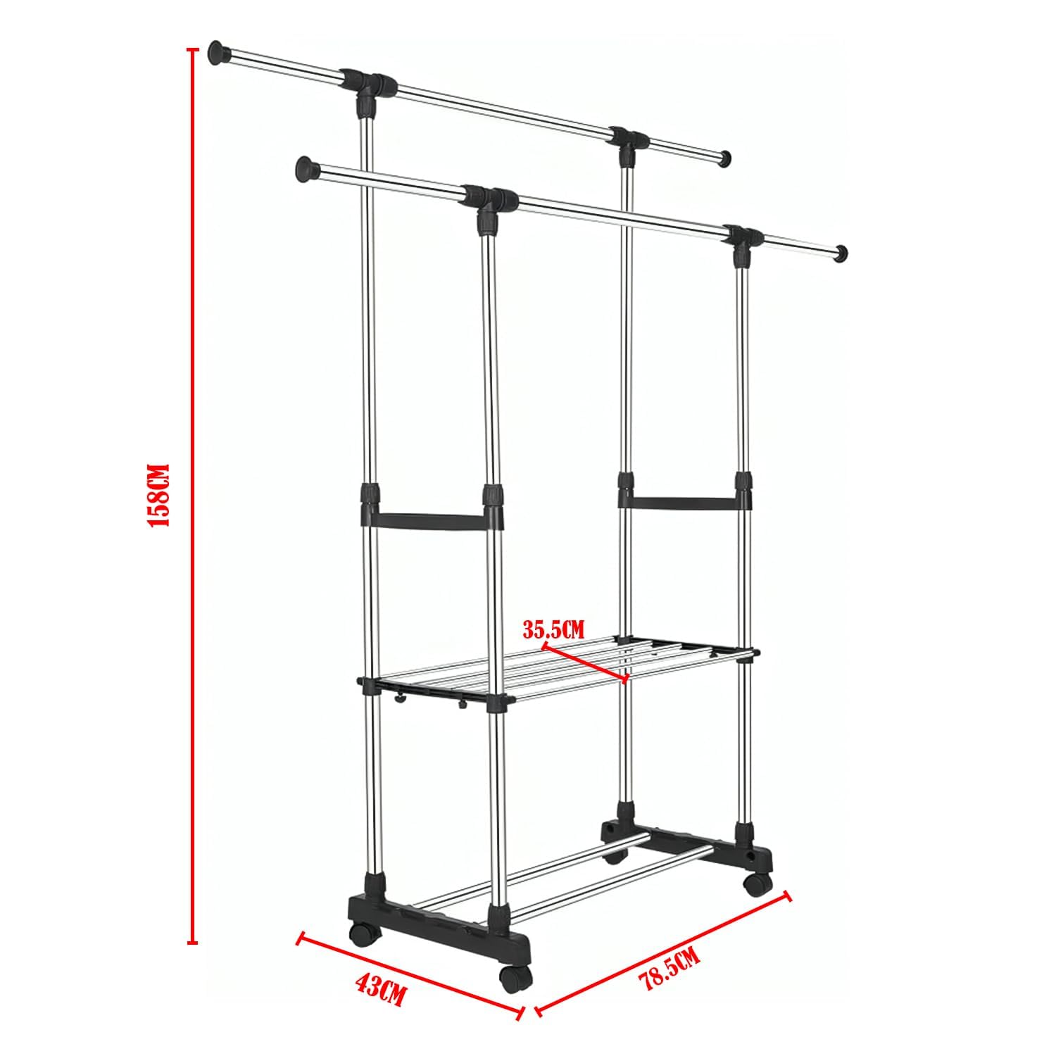 Lukzer Premium Stainless Steel Cloth Drying Stand – Double Rod & 2 Bottom Shelves