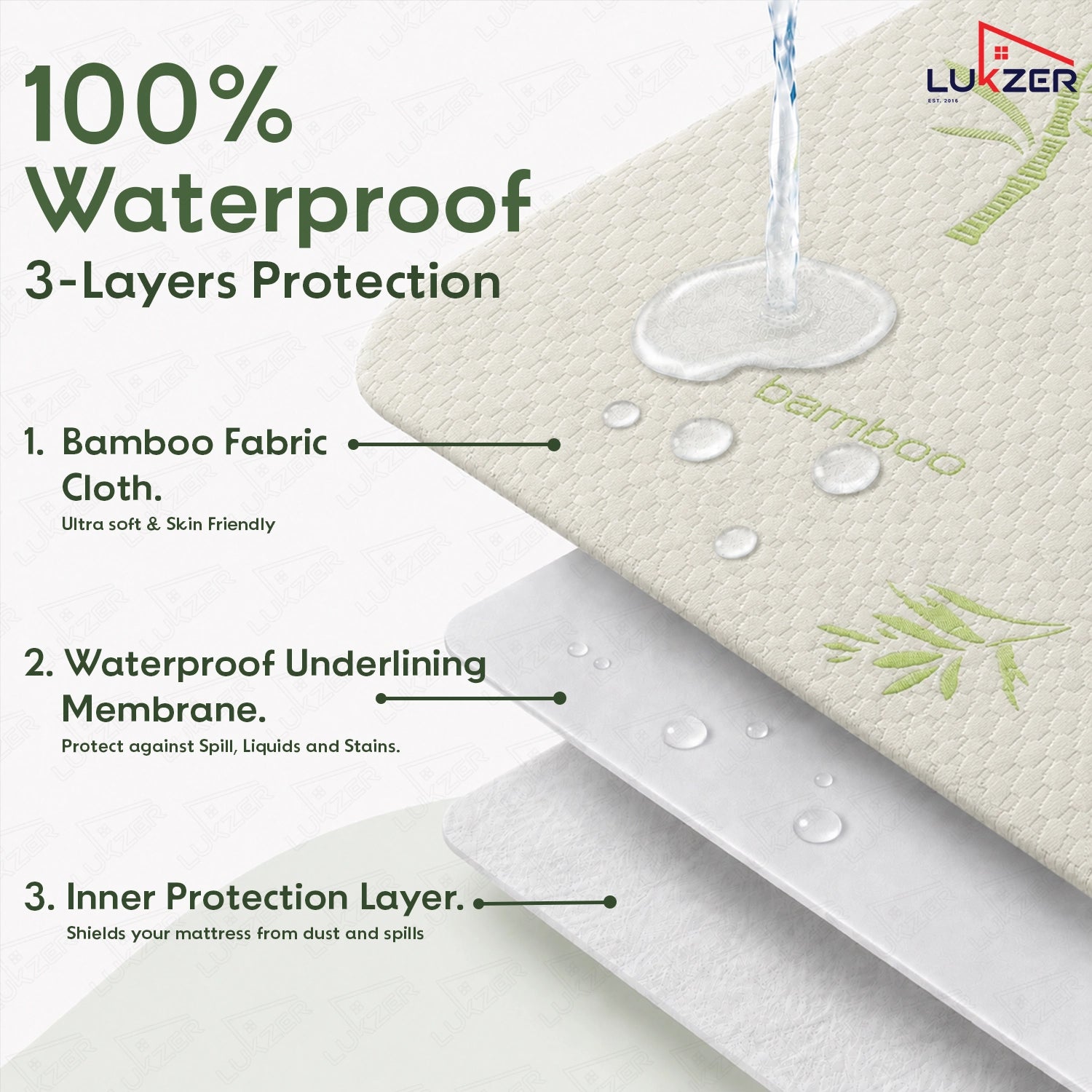 Lukzer 100% Waterproof Natural Bamboo Mattress Protector/Mattress Cover / Queen Size - (75" x 60" Inches) - (6.3 x 5 ft)