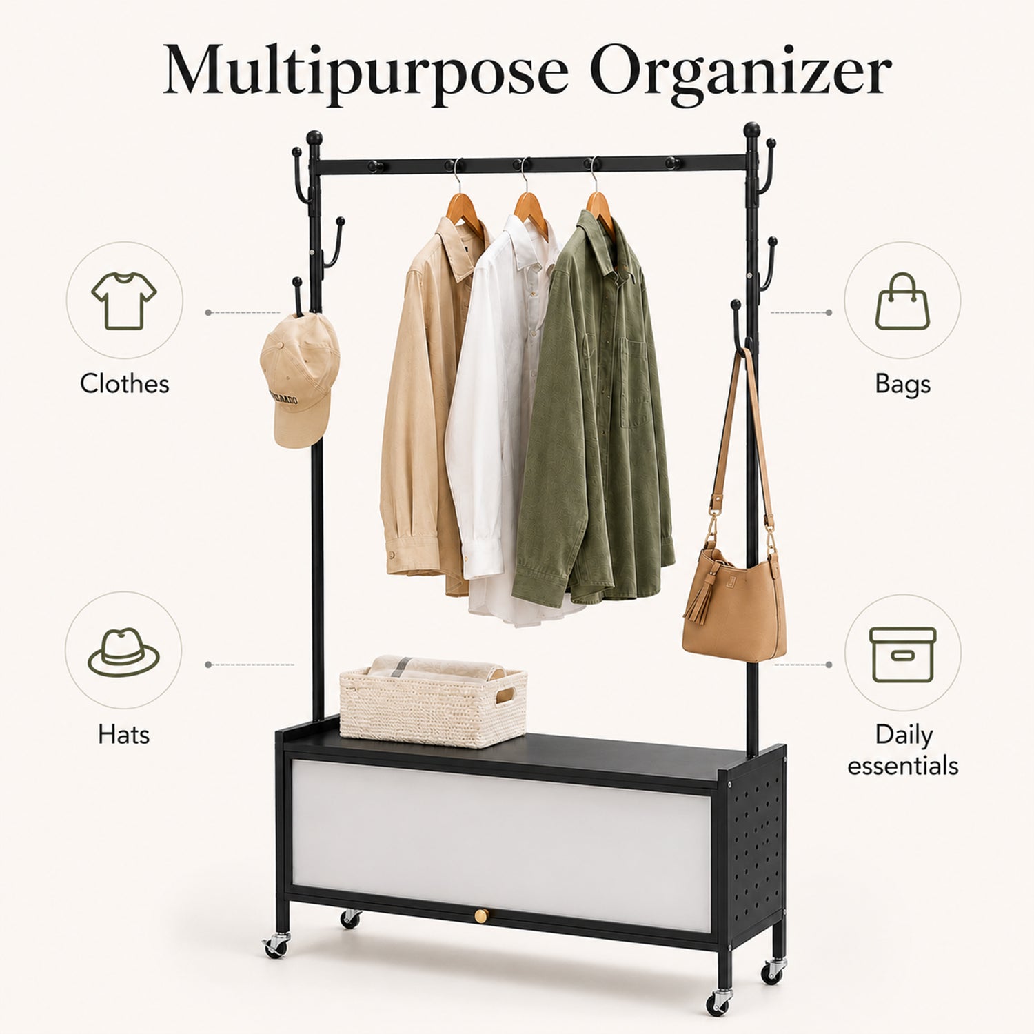 Lukzer Metal Garment Rack with Dust-Proof Storage Shelf & Multiple Hooks (Black)