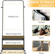 Lukzer 2-in-1 Portable Garment Rack with Wheels & 2-Tier Metal Baskets (Black/White, 32x66x156cm)