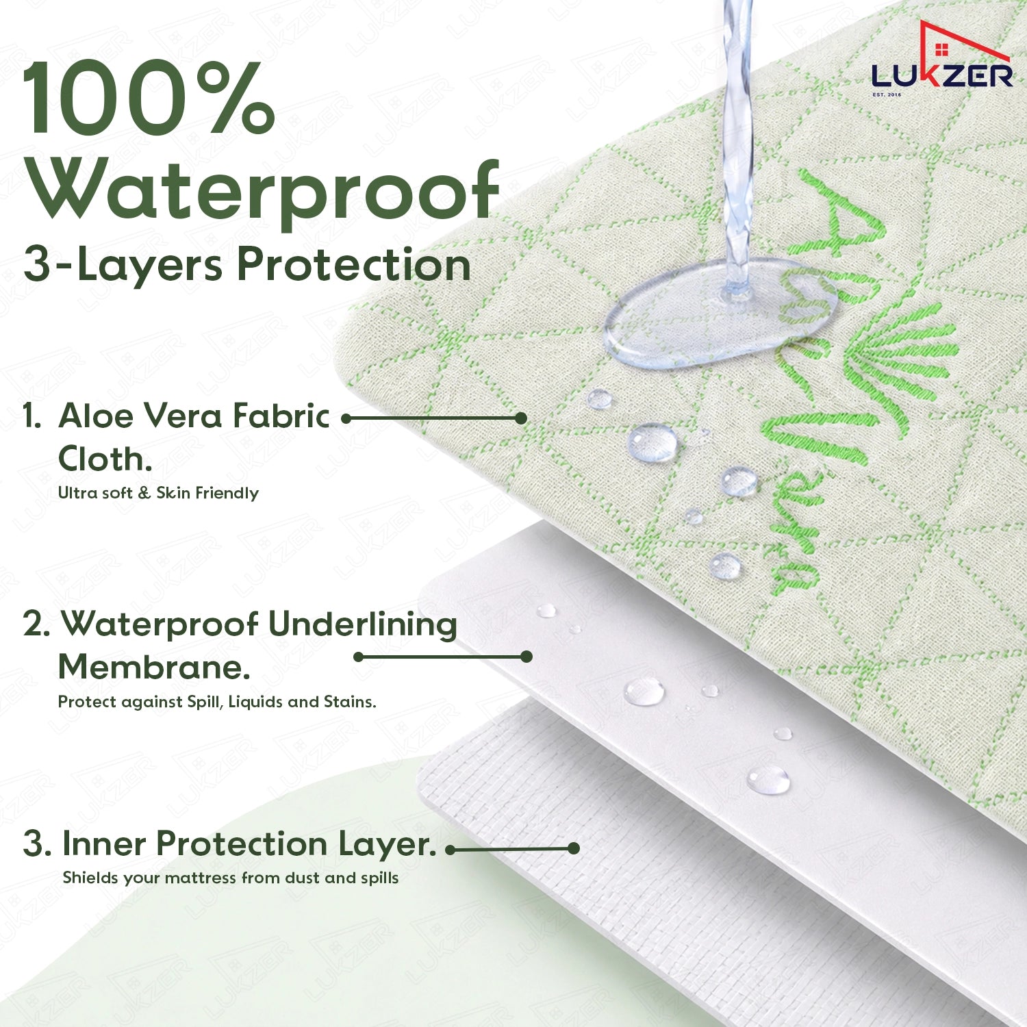 Lukzer 100% Waterproof Diamond Aloe Vera Mattress Protector/Mattress Cover / King Size - (72" x 72" Inches) - (6 x 6 ft)
