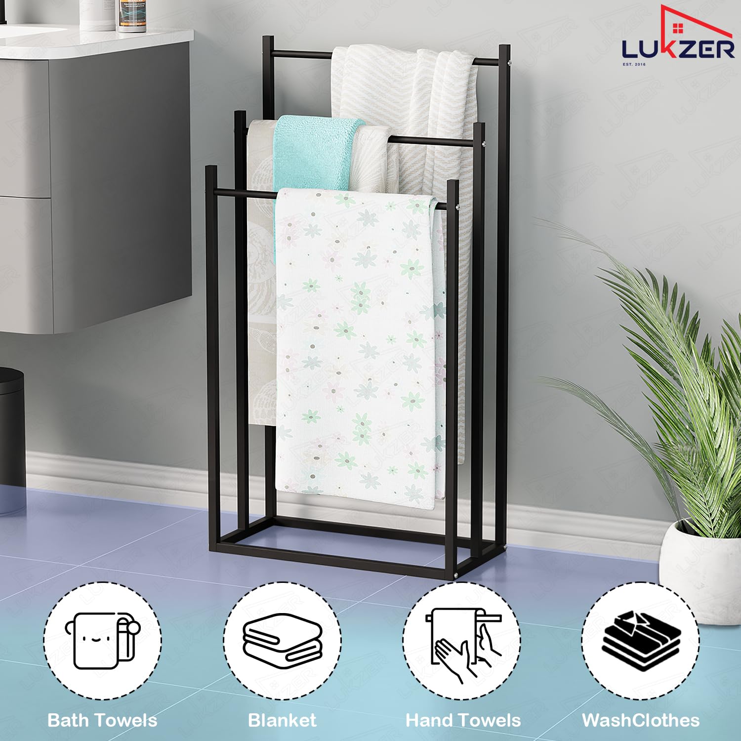 Lukzer Freestanding Sturdy Metal 3-Bar Towel Hanging Stand (MGS-007/Black)