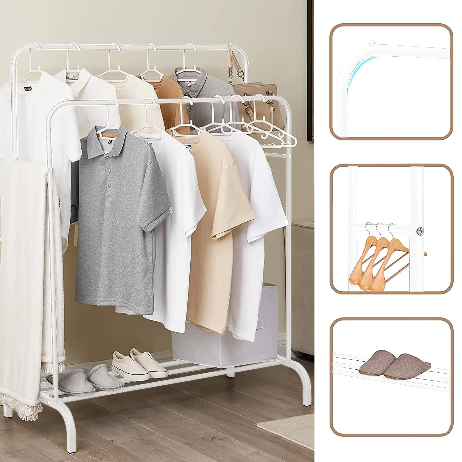 Lukzer Metal Cloth Stand with 2 Hanging Rods & Storage Shelf (MGS-002/White)