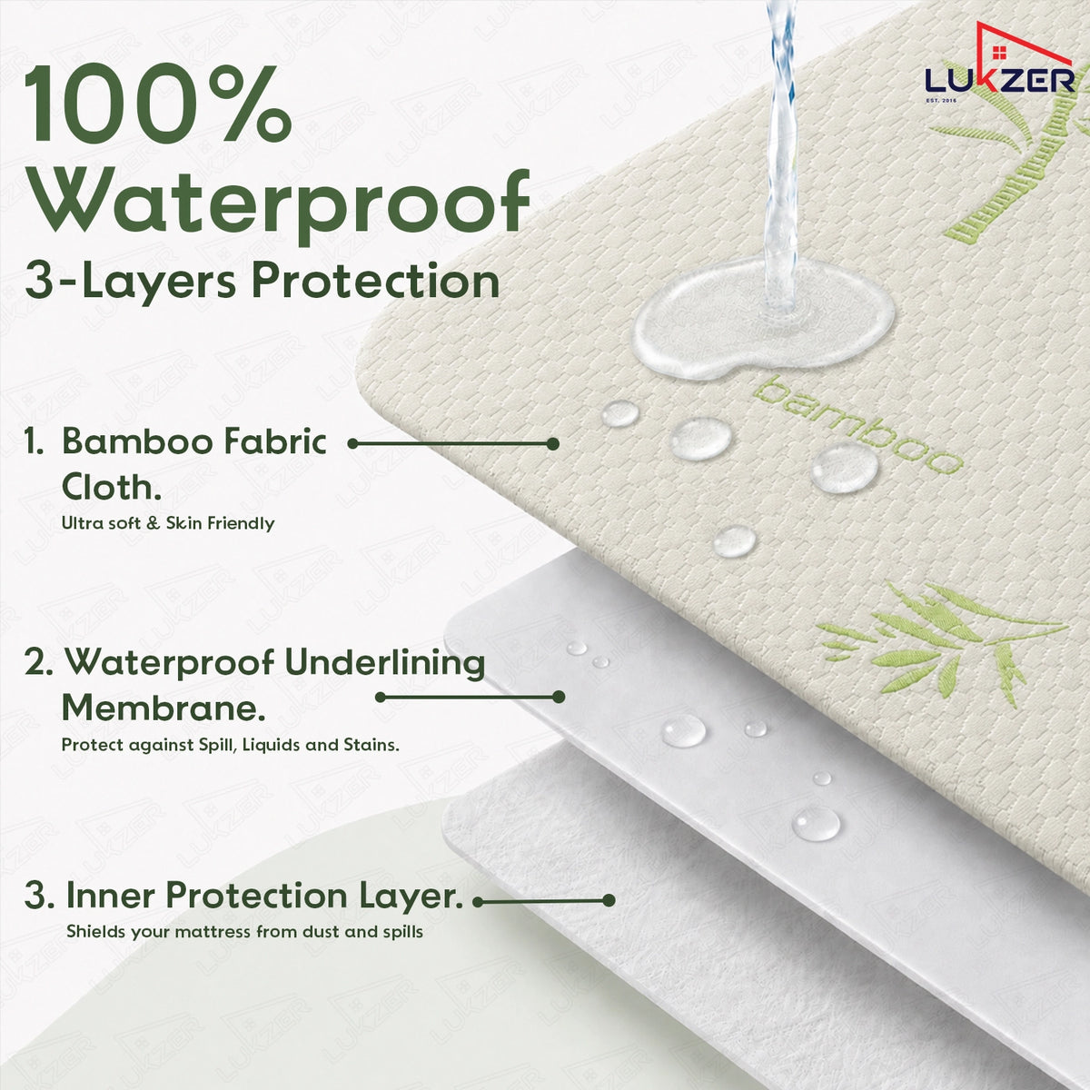 Lukzer 100% Waterproof Natural Bamboo Mattress Protector/Mattress Cover / King Size - (78" x 72" Inches) - (6.5 x 6 ft)