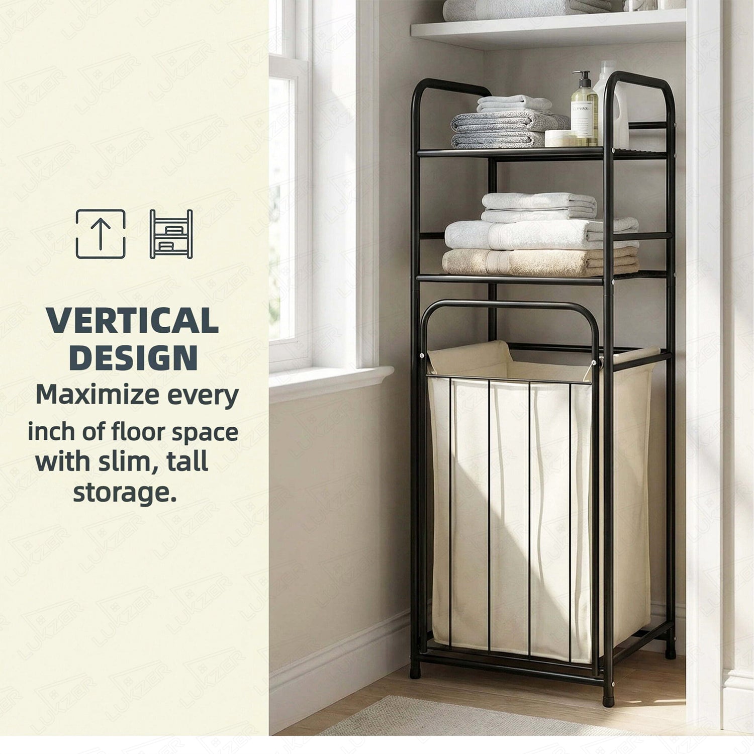 Lukzer Laundry Basket with 2-Tier Metal Storage Shelves & Detachable Fabric Hamper (Black)
