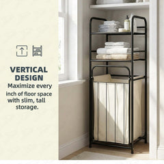 Lukzer Laundry Basket with 2-Tier Metal Storage Shelves & Detachable Fabric Hamper (Black)