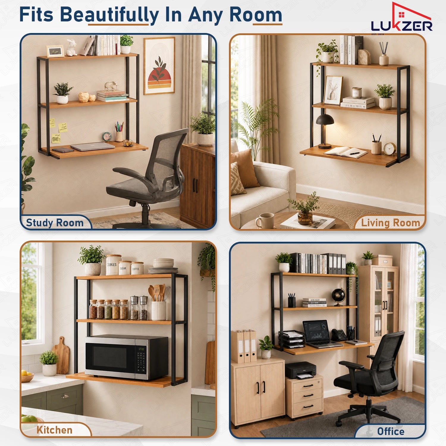 Lukzer Wall Mounted Study Table with Multipurpose Storage Shelves (MMR-007/Black & Oak Brown)
