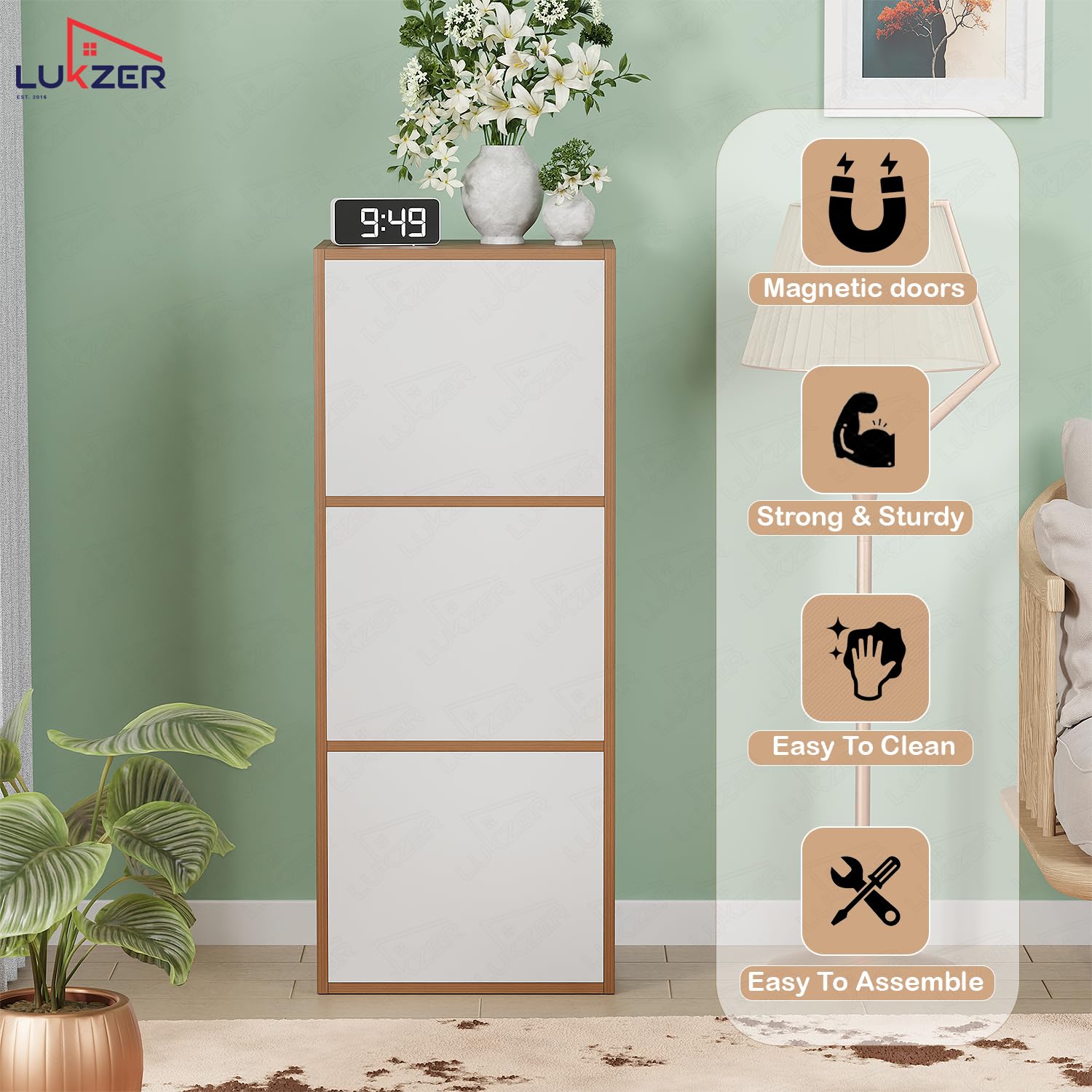 Lukzer 3-Tier Engineered Wood Cabinet Bookshelf Organizer with Magnetic Doors (MR-017/Oak Brown)