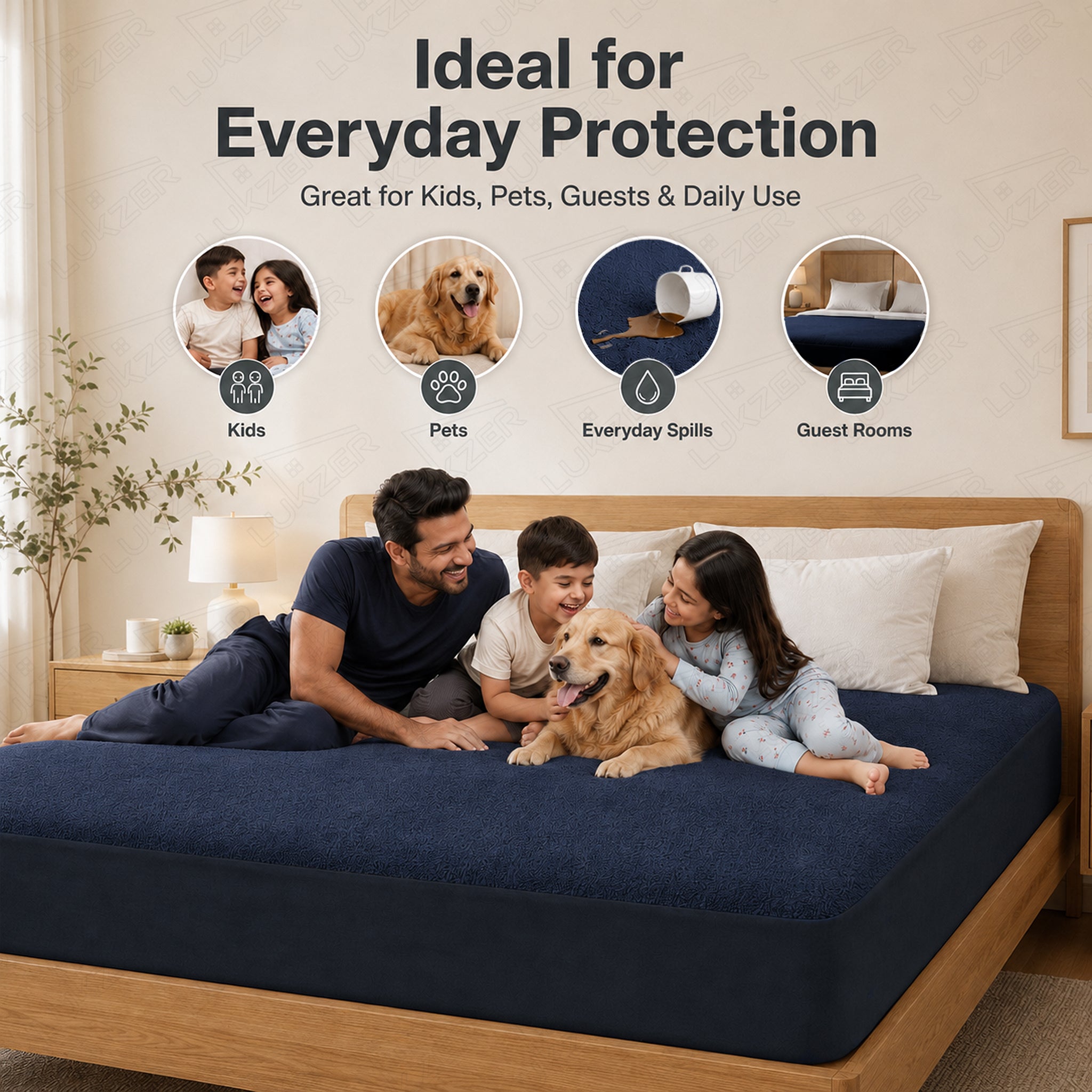 Lukzer Terry Cotton Waterproof Mattress Protector  Blue (MTP-BL-001)