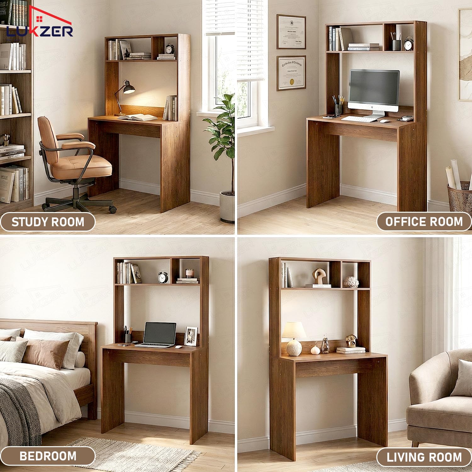 Lukzer Engineered Wood Computer Desk Study Table with Bookshelf Study Table (ST-006/Oak Brown)