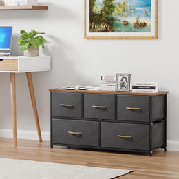 Lukzer 5-Drawer Fabric Storage Organizer for Closet (MMR-003/Black & Oak Brown)