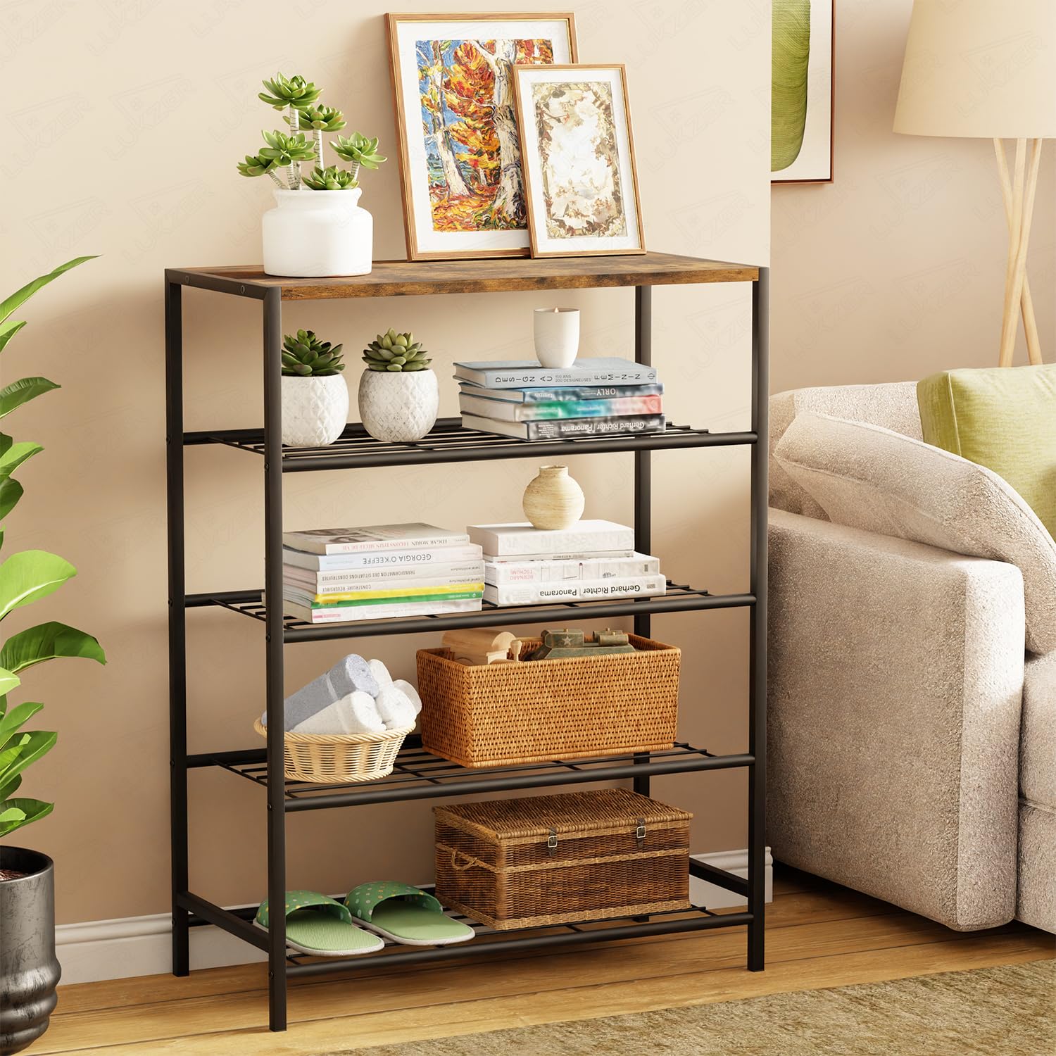 Lukzer 4-tier Metal & Wooden Multipurpose Storage Organiser Rack (Black)